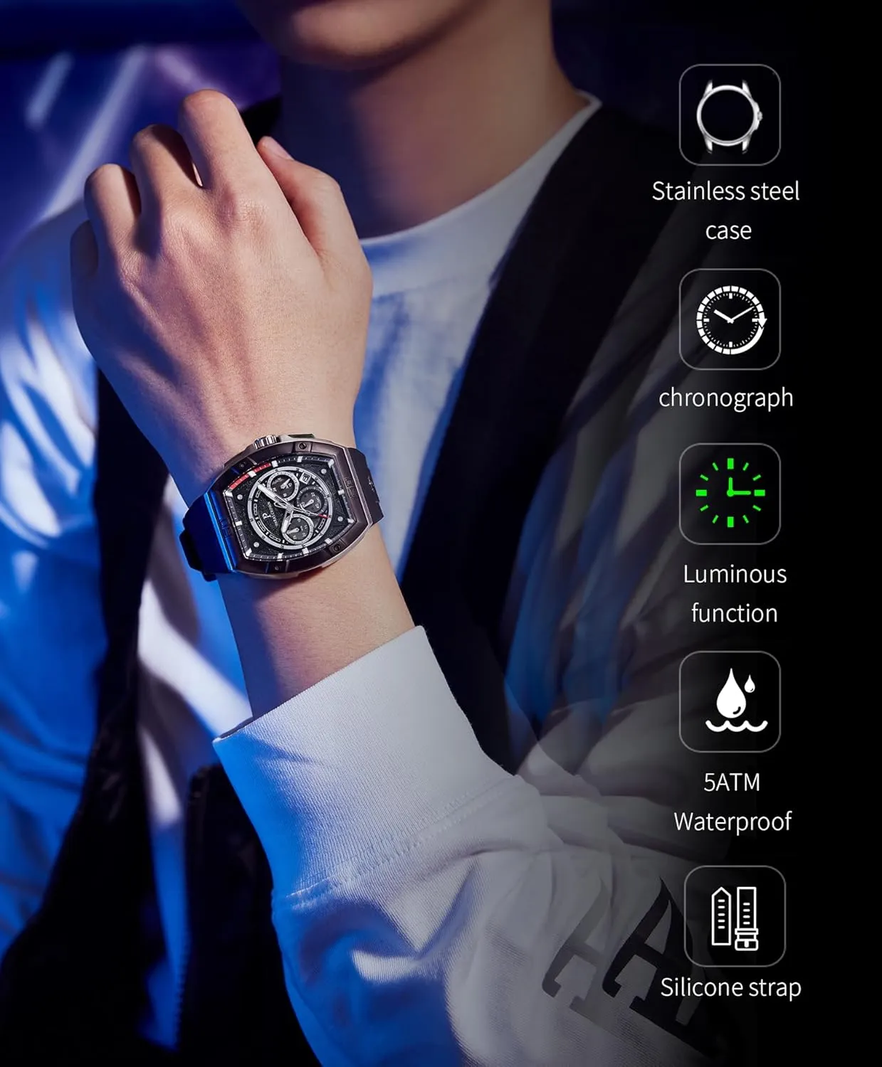 Paras Crown Watches for Men Tonneau 5ATM Waterproof Quartz Luxury Chronograph Analog Men's Wrist Watches Stainless Steel Case Mens Watches