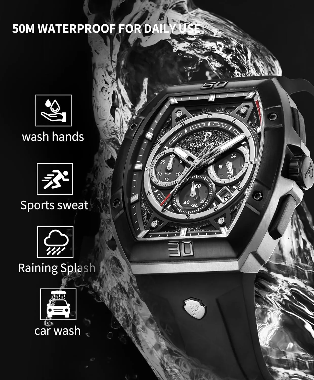 Paras Crown Watches for Men Tonneau 5ATM Waterproof Quartz Luxury Chronograph Analog Men's Wrist Watches Stainless Steel Case Mens Watches