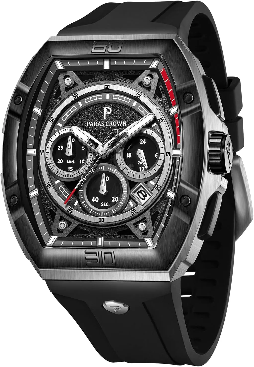 Paras Crown Watches for Men Tonneau 5ATM Waterproof Quartz Luxury Chronograph Analog Men's Wrist Watches Stainless Steel Case Mens Watches