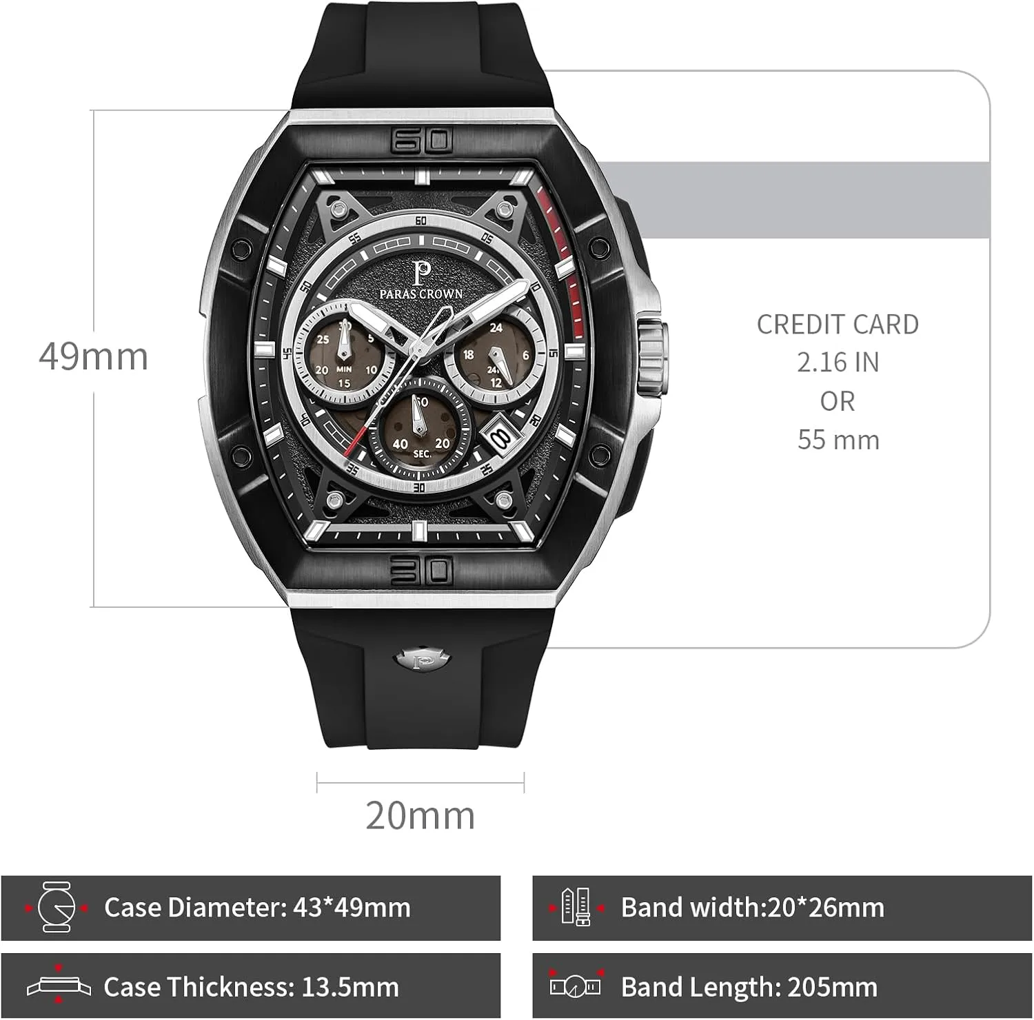 Paras Crown Watches for Men Tonneau 5ATM Waterproof Quartz Luxury Chronograph Analog Men's Wrist Watches Stainless Steel Case Mens Watches