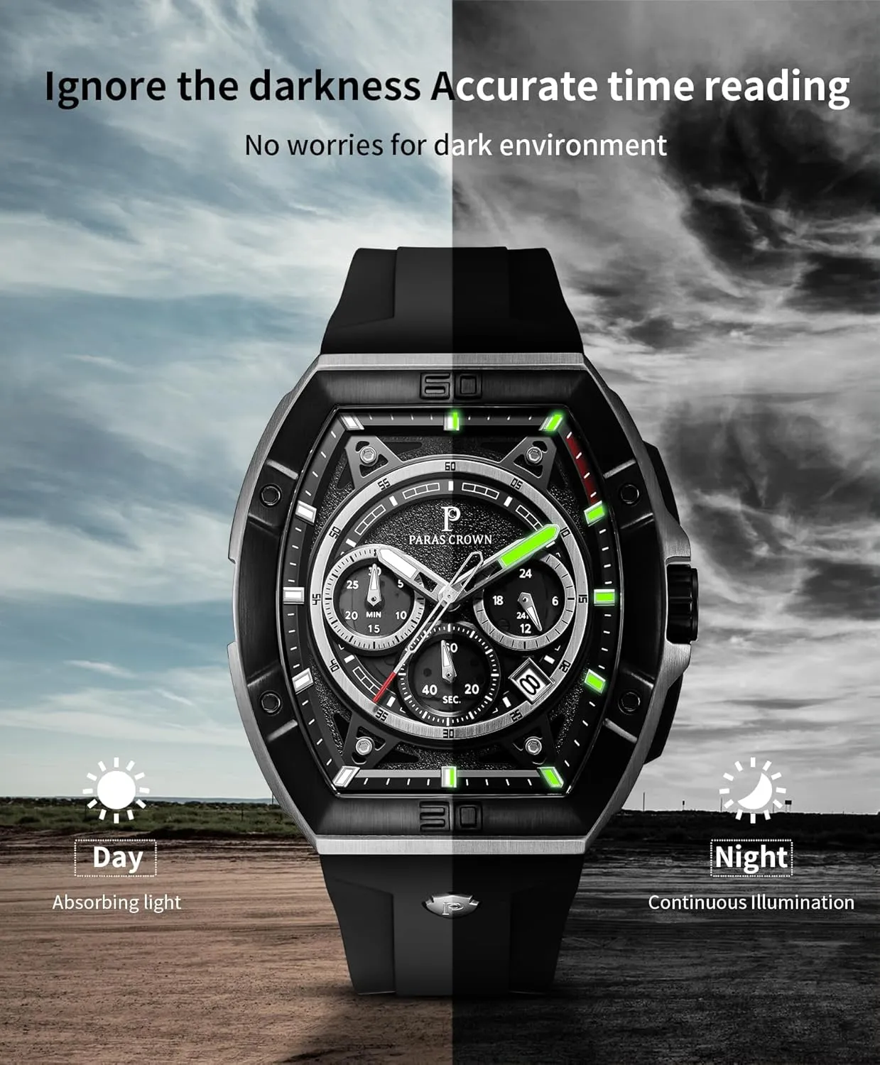 Paras Crown Watches for Men Tonneau 5ATM Waterproof Quartz Luxury Chronograph Analog Men's Wrist Watches Stainless Steel Case Mens Watches