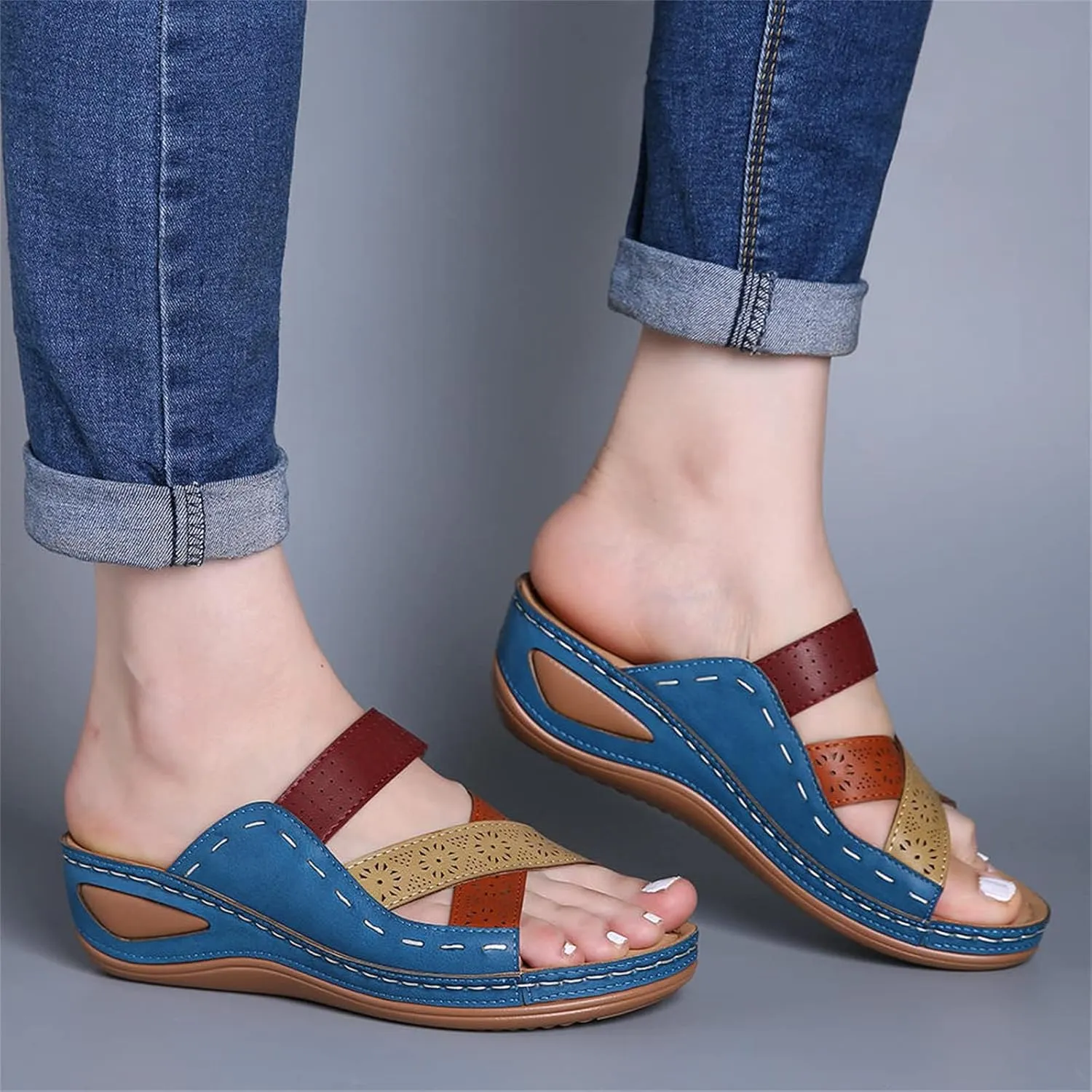 Platform Sandals for Women Summer Dressy Hollow Slip on Open Toe Soft Sole Sandals Orthopedic Slippers Beach Vacation Shoes