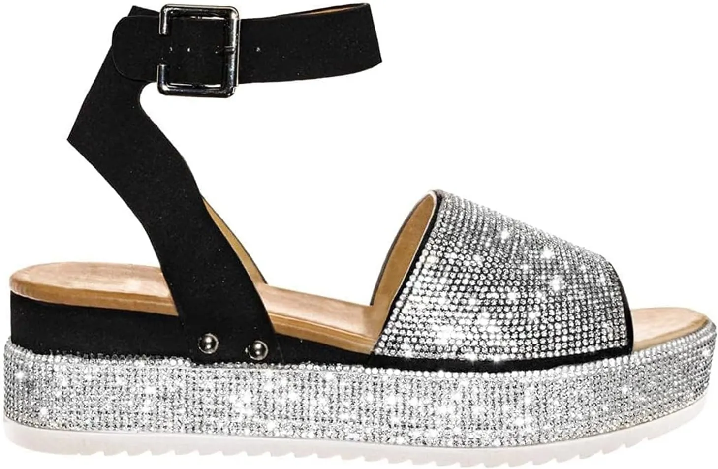 Platform Sandals Women Dressy Rhinestones Glitter Flats Ankle Strap Buckle Crystal Open Toe Hollow Out Breathable Summer Casual Comfortable Sandals