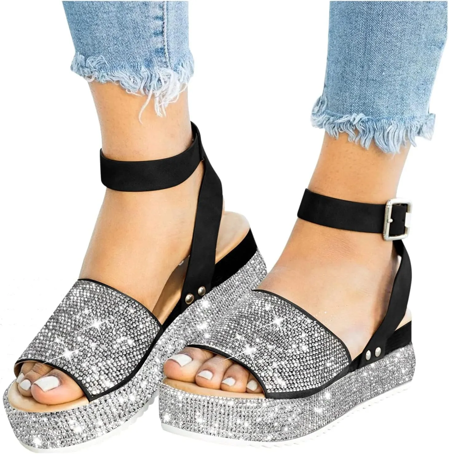 Platform Sandals Women Dressy Rhinestones Glitter Flats Ankle Strap Buckle Crystal Open Toe Hollow Out Breathable Summer Casual Comfortable Sandals