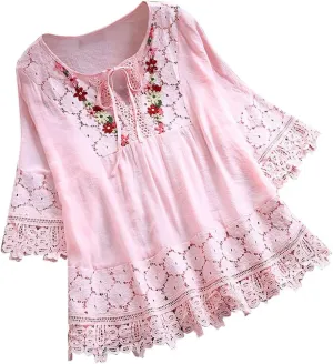 Plus Size Cotton Linen Tops Women Floral Decor Lace Shirts Cute Boho Tunic Tops Half Sleeve Tees Holiday Pullovers