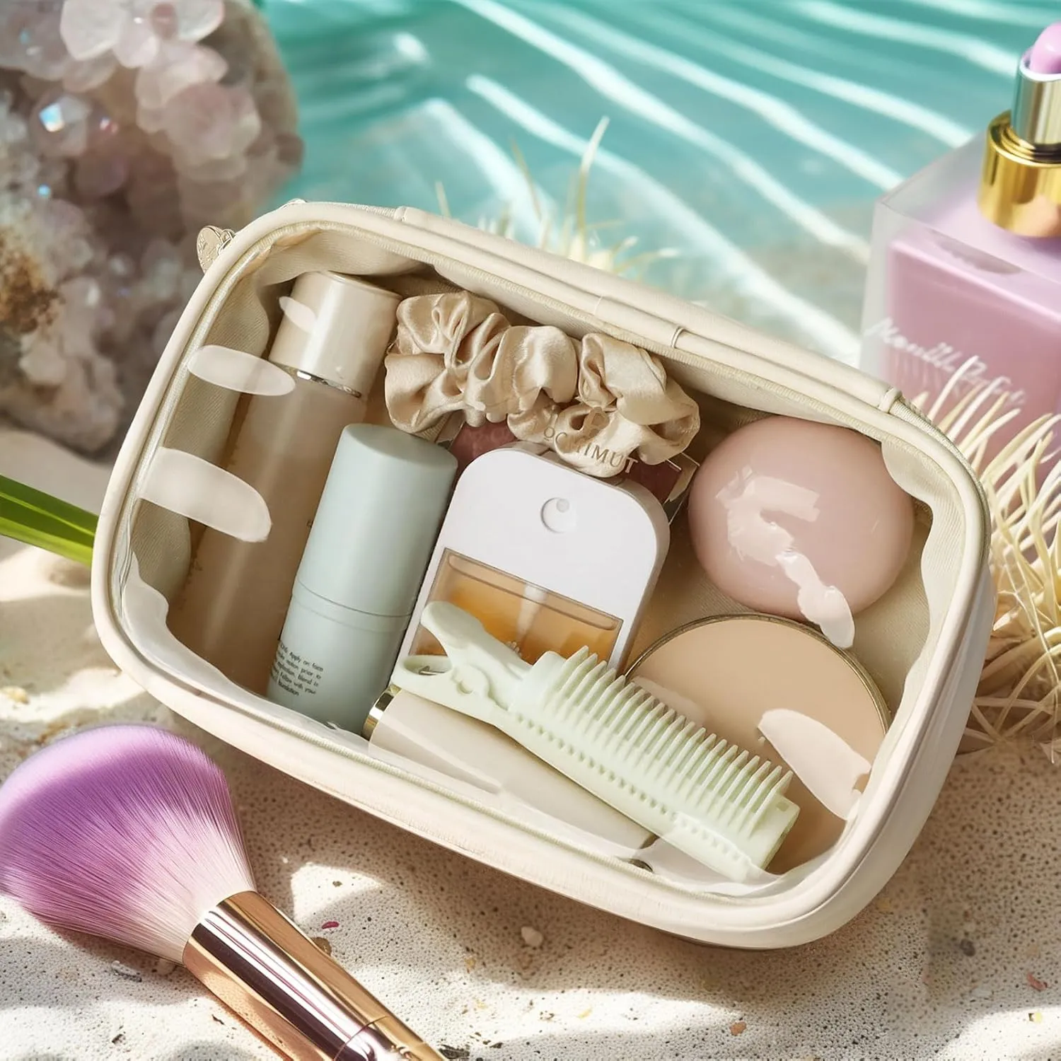 Pocmimut Makeup Bag,Small Makeup Bag and Clear Toiletry Bag,Makeup Case Pouches Car Accessories Storage for Women,Travel Essentials Organizers,Beige