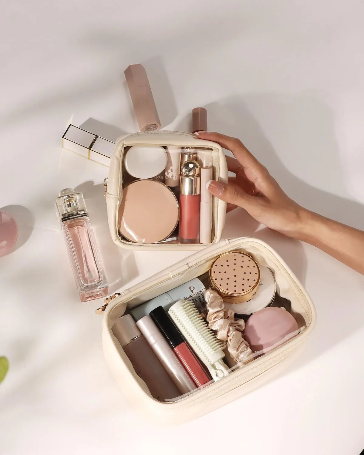 Pocmimut Makeup Bag,Small Makeup Bag and Clear Toiletry Bag,Makeup Case Pouches Car Accessories Storage for Women,Travel Essentials Organizers,Beige