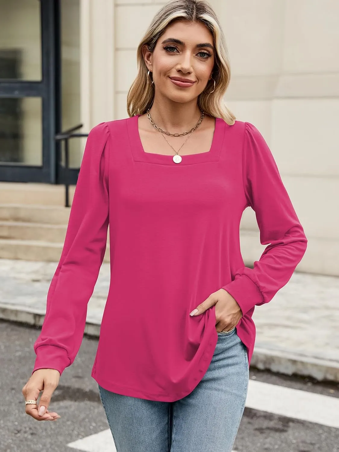 Poetsky Women's Casual Puff Long Sleeve Shirts 2024 Fall Fashion Square Neck Tops Loose Fit Dressy Tunic Blouses