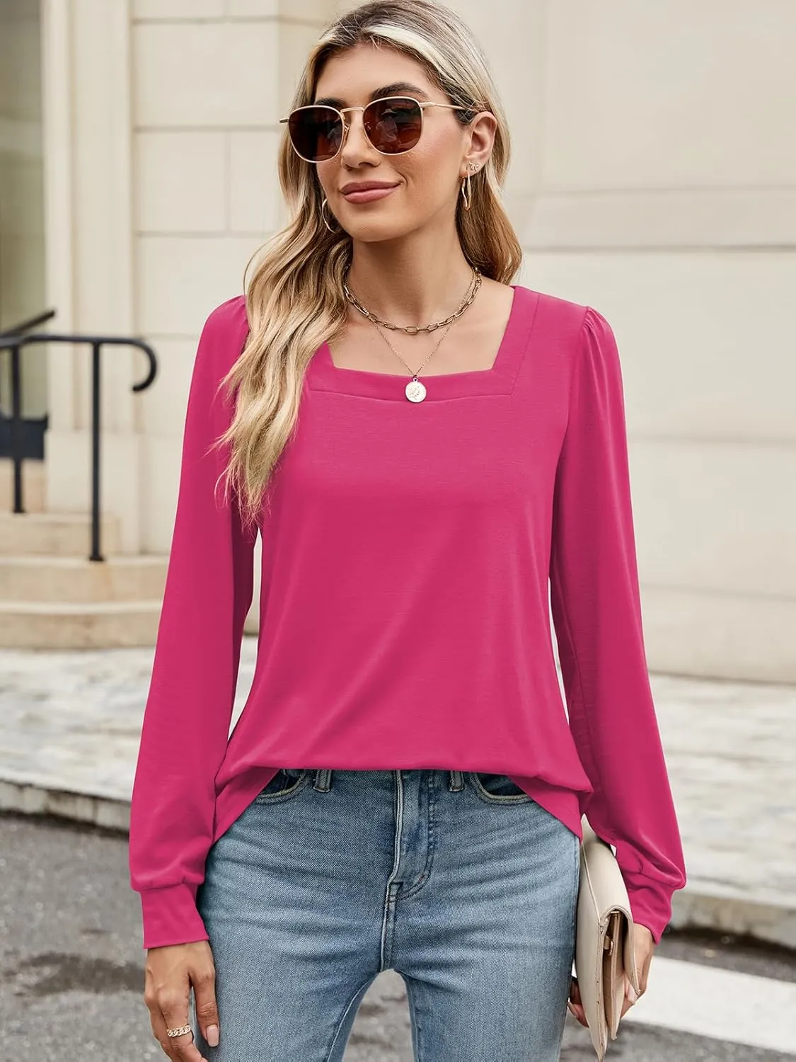 Poetsky Women's Casual Puff Long Sleeve Shirts 2024 Fall Fashion Square Neck Tops Loose Fit Dressy Tunic Blouses