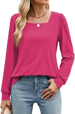 Poetsky Women's Casual Puff Long Sleeve Shirts 2024 Fall Fashion Square Neck Tops Loose Fit Dressy Tunic Blouses