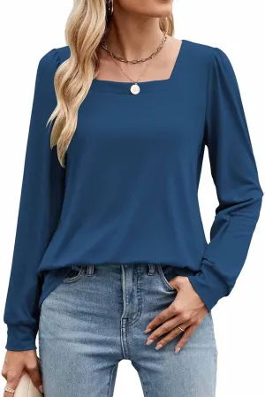Poetsky Women's Casual Puff Long Sleeve Shirts 2024 Fall Fashion Square Neck Tops Loose Fit Dressy Tunic Blouses
