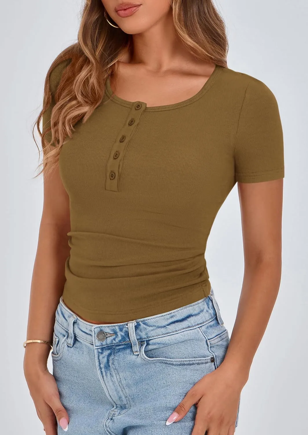 PRETTYGARDEN Women's 2025 Spring Summer Short Sleeve Tops Ribbed Henley Button Slim Fit Basic Casual T Shirts Blouse Clothing