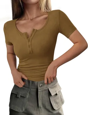 PRETTYGARDEN Women's 2025 Spring Summer Short Sleeve Tops Ribbed Henley Button Slim Fit Basic Casual T Shirts Blouse Clothing