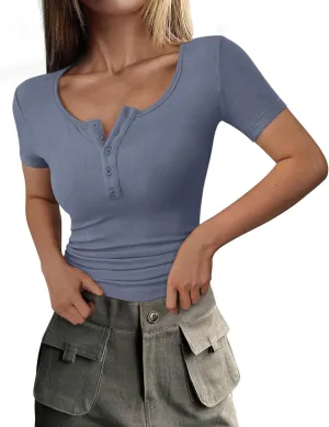 PRETTYGARDEN Women's 2025 Spring Summer Short Sleeve Tops Ribbed Henley Button Slim Fit Basic Casual T Shirts Blouse Clothing