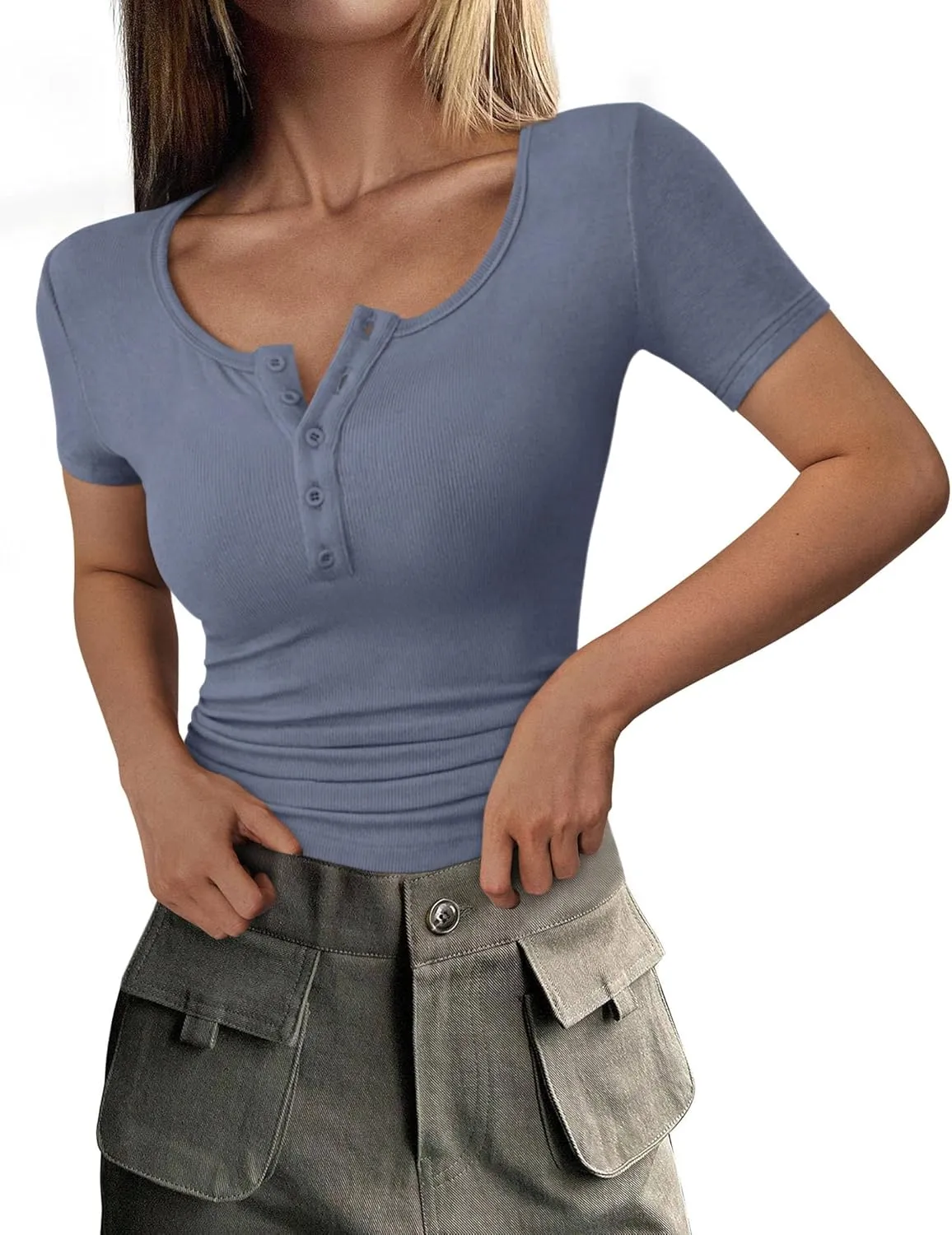 PRETTYGARDEN Women's 2025 Spring Summer Short Sleeve Tops Ribbed Henley Button Slim Fit Basic Casual T Shirts Blouse Clothing