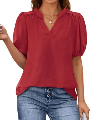 PRETTYGARDEN Womens Casual Summer Tops 2025 V Neck Short Puff Sleeve Pleated Cotton T Shirts Loose Dressy Blouses