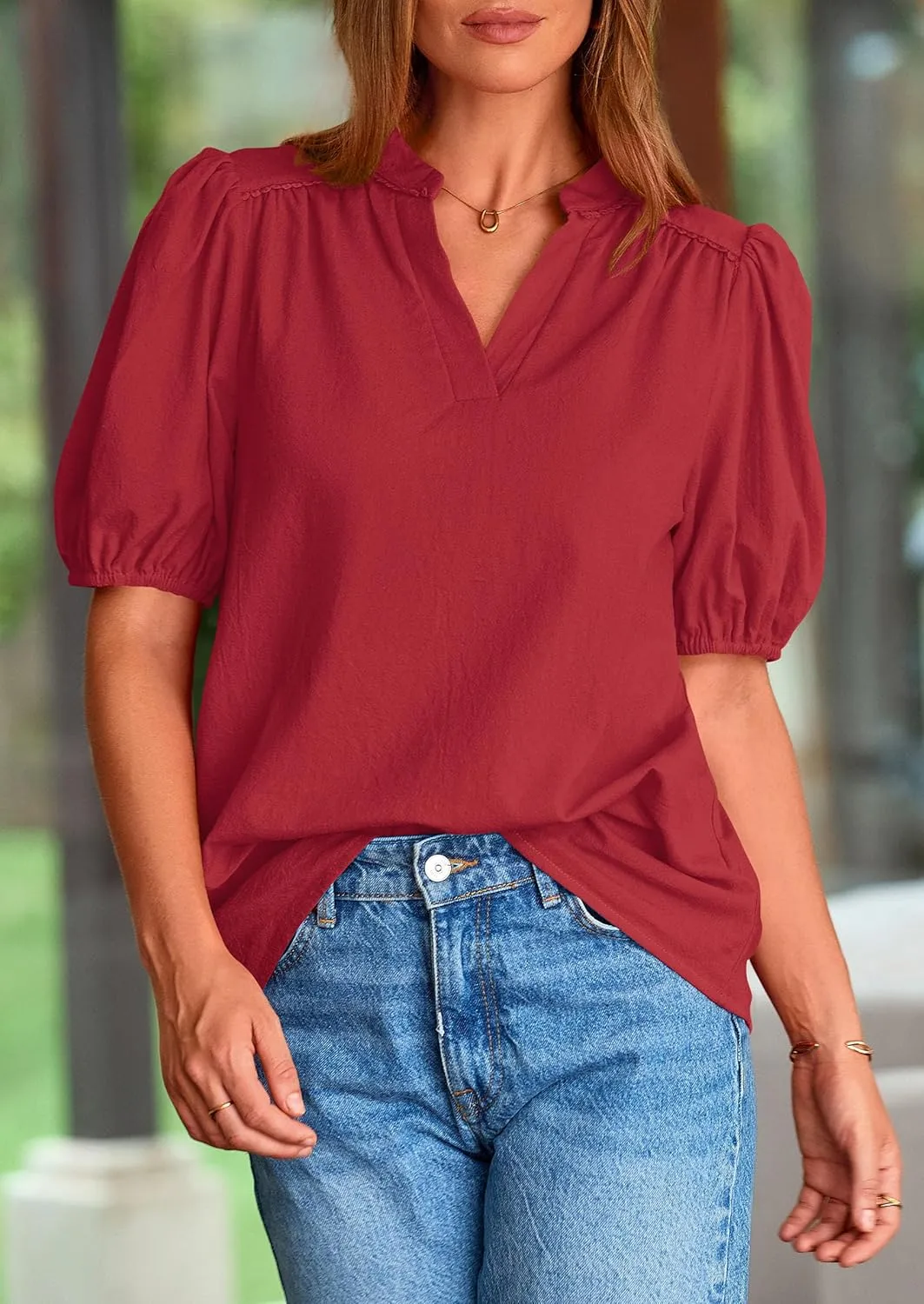 PRETTYGARDEN Womens Casual Summer Tops 2025 V Neck Short Puff Sleeve Pleated Cotton T Shirts Loose Dressy Blouses