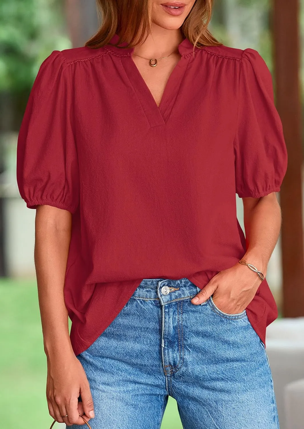 PRETTYGARDEN Womens Casual Summer Tops 2025 V Neck Short Puff Sleeve Pleated Cotton T Shirts Loose Dressy Blouses
