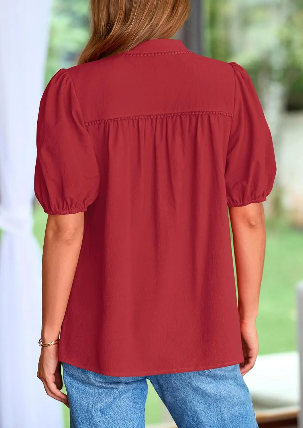 PRETTYGARDEN Womens Casual Summer Tops 2025 V Neck Short Puff Sleeve Pleated Cotton T Shirts Loose Dressy Blouses