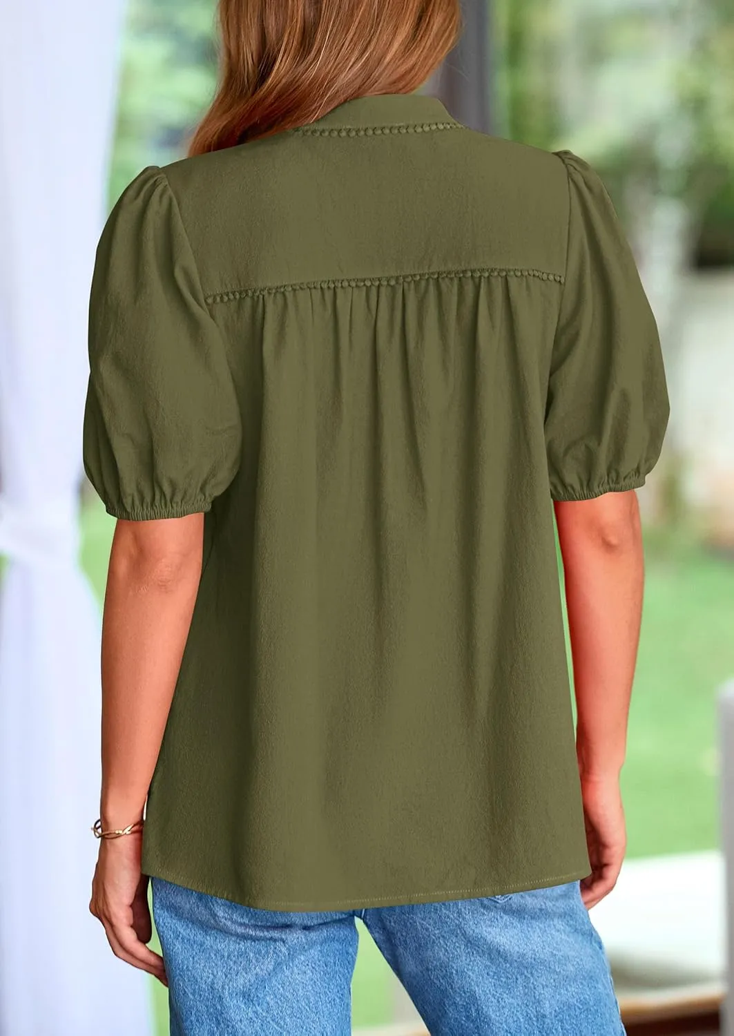 PRETTYGARDEN Womens Casual Summer Tops 2025 V Neck Short Puff Sleeve Pleated Cotton T Shirts Loose Dressy Blouses