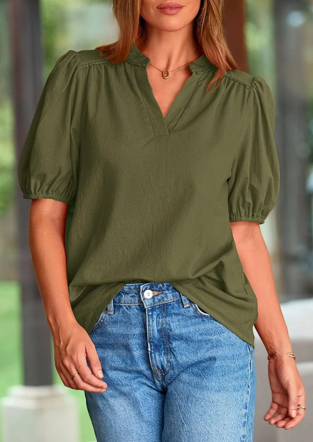 PRETTYGARDEN Womens Casual Summer Tops 2025 V Neck Short Puff Sleeve Pleated Cotton T Shirts Loose Dressy Blouses