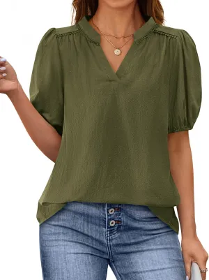 PRETTYGARDEN Womens Casual Summer Tops 2025 V Neck Short Puff Sleeve Pleated Cotton T Shirts Loose Dressy Blouses