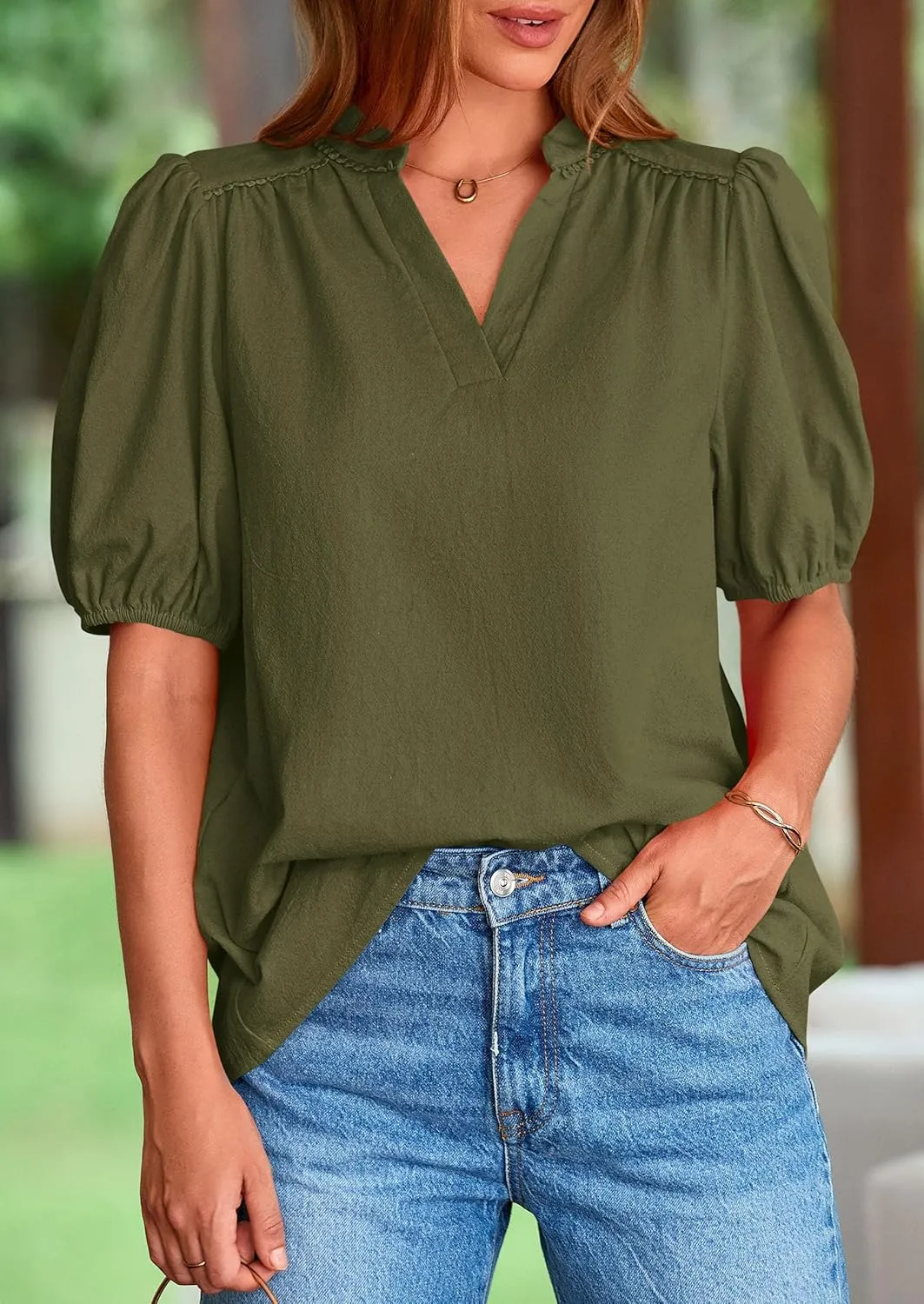 PRETTYGARDEN Womens Casual Summer Tops 2025 V Neck Short Puff Sleeve Pleated Cotton T Shirts Loose Dressy Blouses