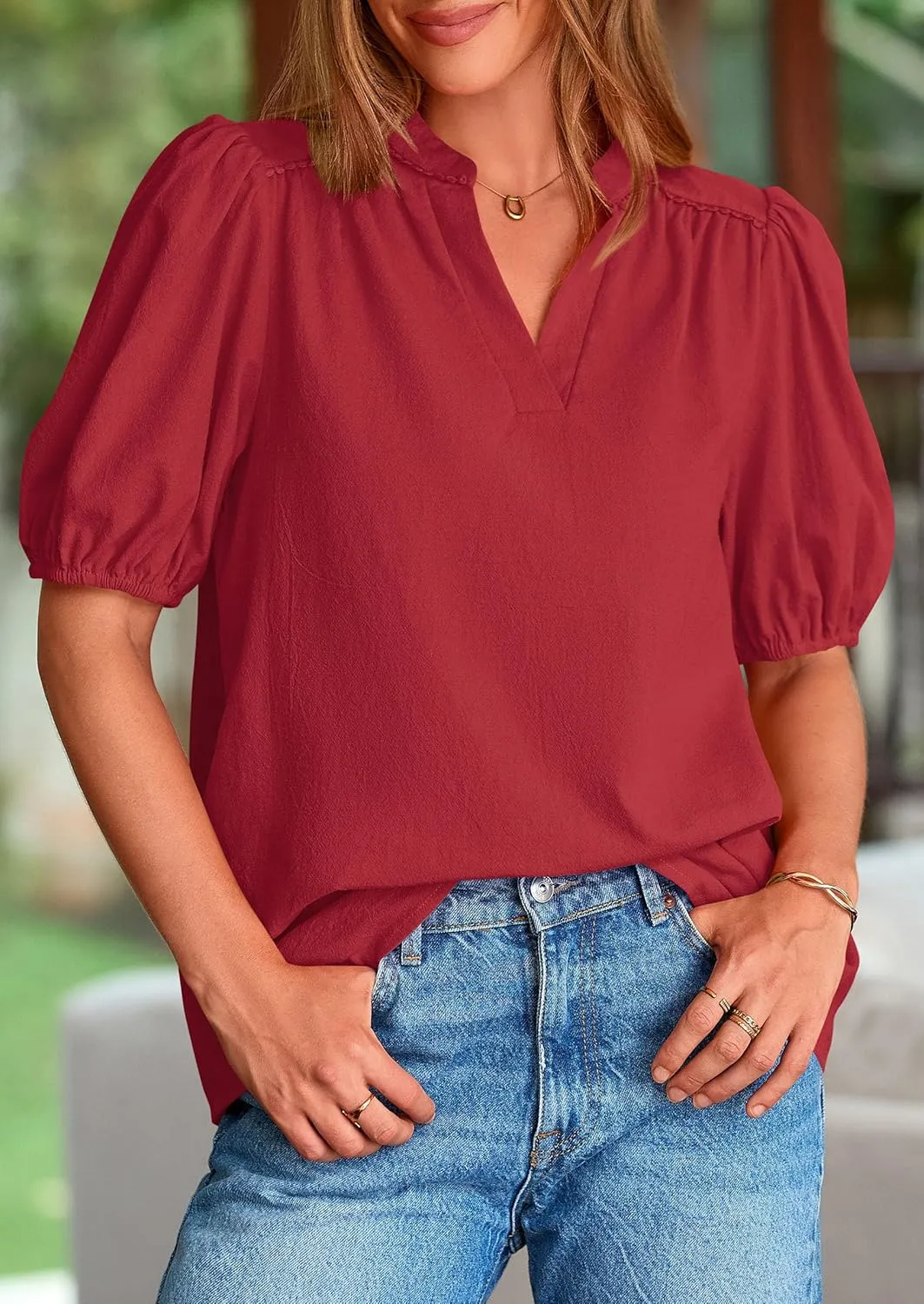 PRETTYGARDEN Womens Casual Summer Tops 2025 V Neck Short Puff Sleeve Pleated Cotton T Shirts Loose Dressy Blouses