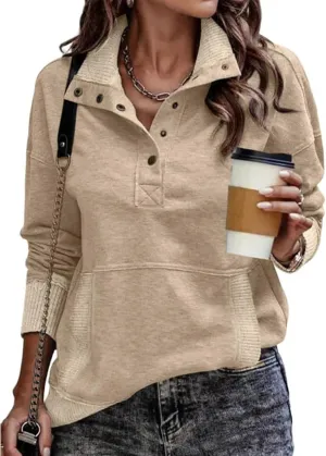 Pullover Sweatshirts for Women Henley Sweatshirts Casual Long Sleeve Hoodies Button V Neck Tops Loose Tunic Tops