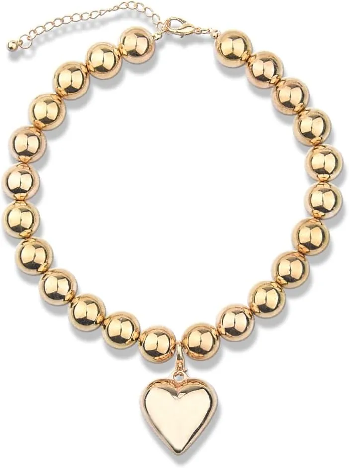 Punk Big Heart Ball Necklace Gothic Chunky Ball Chain Necklace for Women Y2K Puffy Heart Necklace Gold Heart Pendant Choker Necklace for Women Hip Pop Boho Statement Heavy Neck Chain Necklace