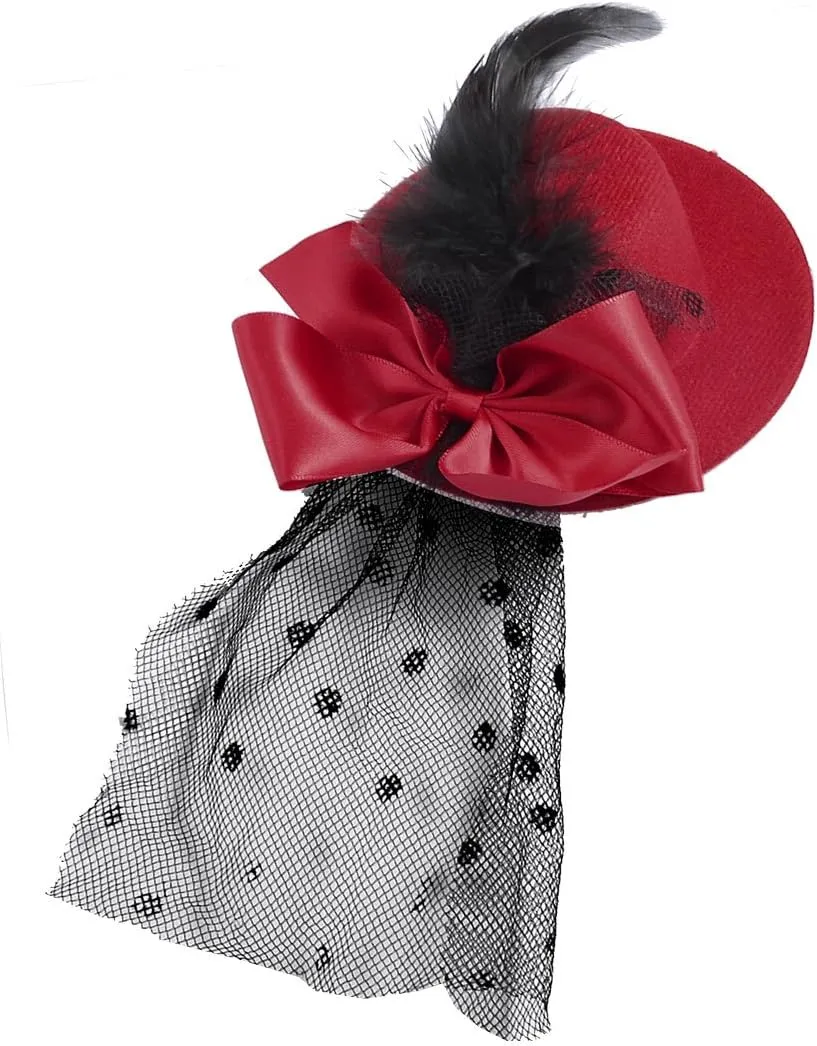 Qtqgoitem Ladies Red Bowknot Black Mesh Veil Hat Style Flannel Hair Clip (Model: 65e 98e cb8 f9f 87d)
