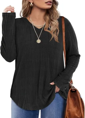Rapbin Plus Size Tops for Women Long Sleeve Shirts V Neck Sweater Floral Blouses 2024 XL-5XL