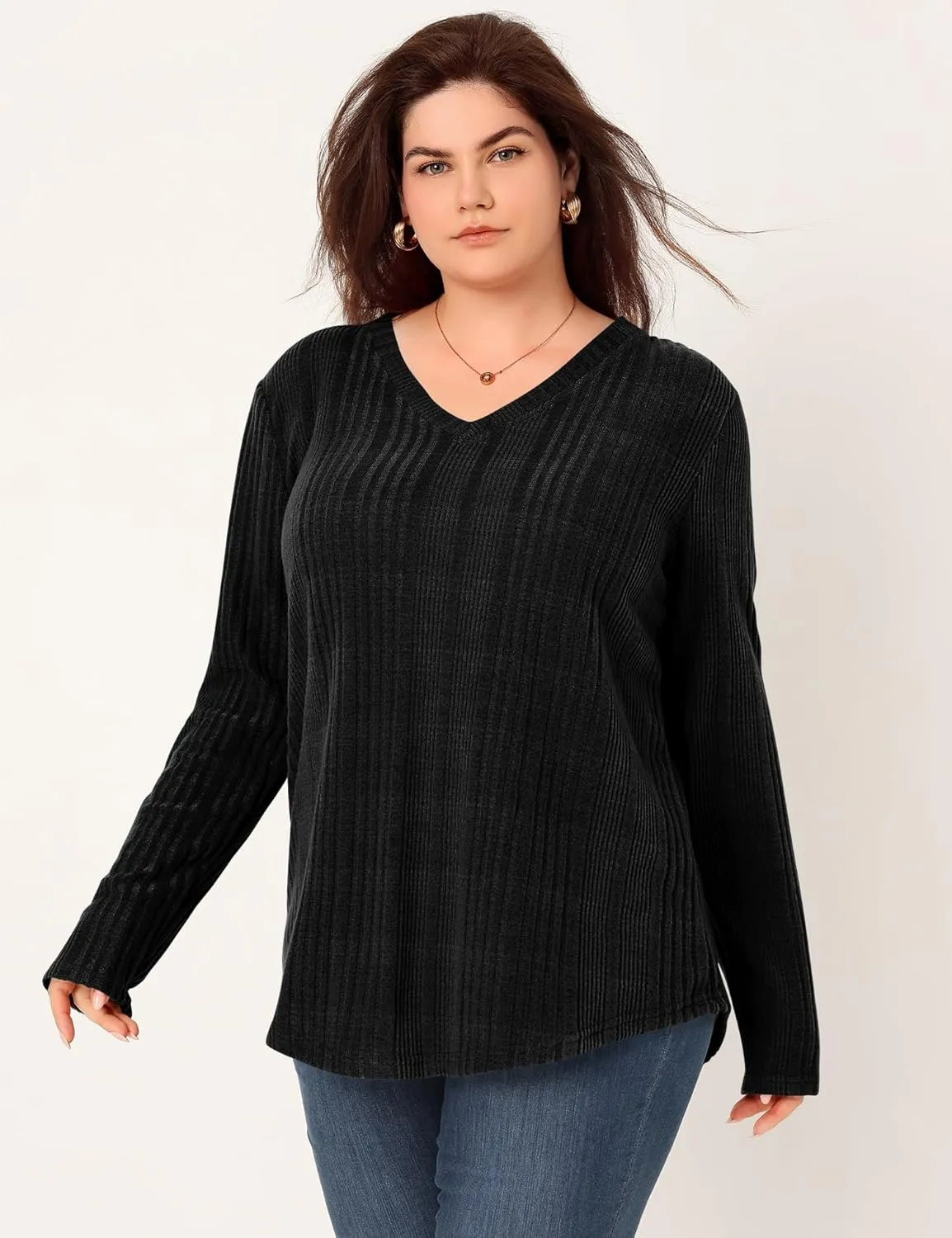 Rapbin Plus Size Tops for Women Long Sleeve Shirts V Neck Sweater Floral Blouses 2024 XL-5XL
