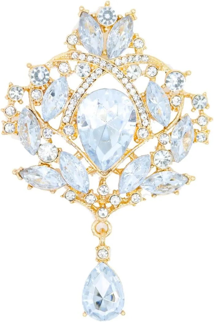 Retro Elegant Crystal Water Drop Brooches Pins Fashion Beautiful Created Rhinestone Flower Brooch Pin for Women Girl Party Dance Wedding Banquet Gold