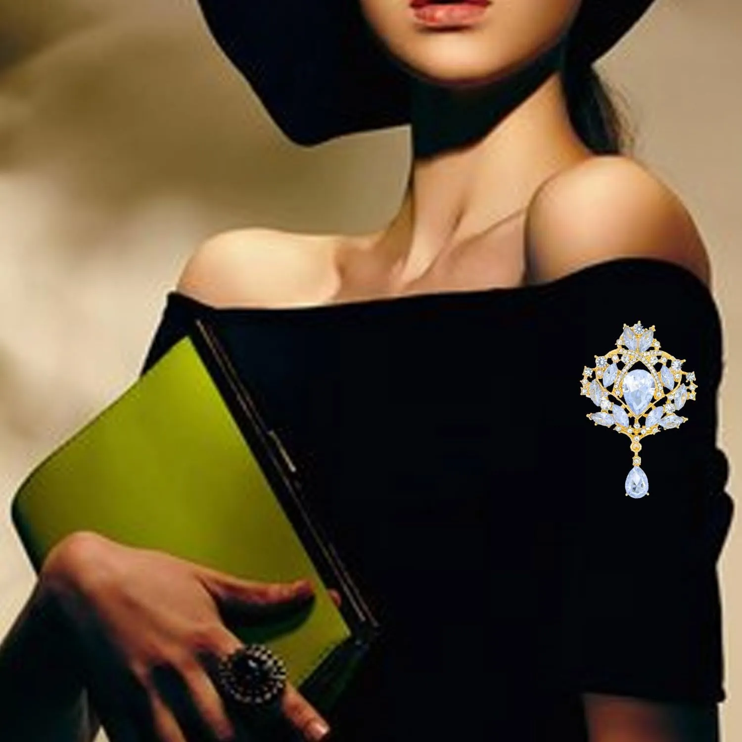 Retro Elegant Crystal Water Drop Brooches Pins Fashion Beautiful Created Rhinestone Flower Brooch Pin for Women Girl Party Dance Wedding Banquet Gold