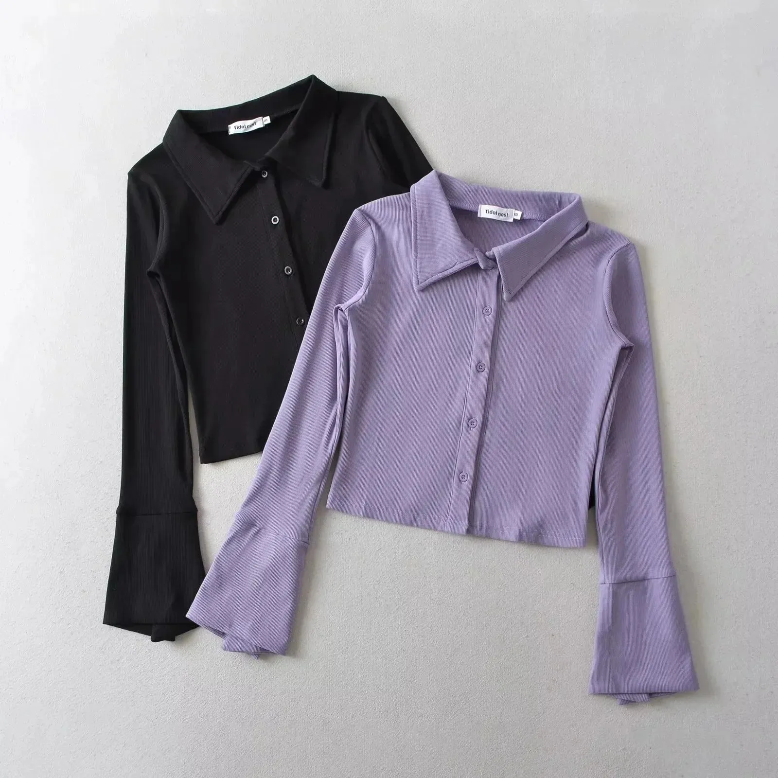 Retro Single-breasted Flare Slim Short Purple Black Tops Blouse