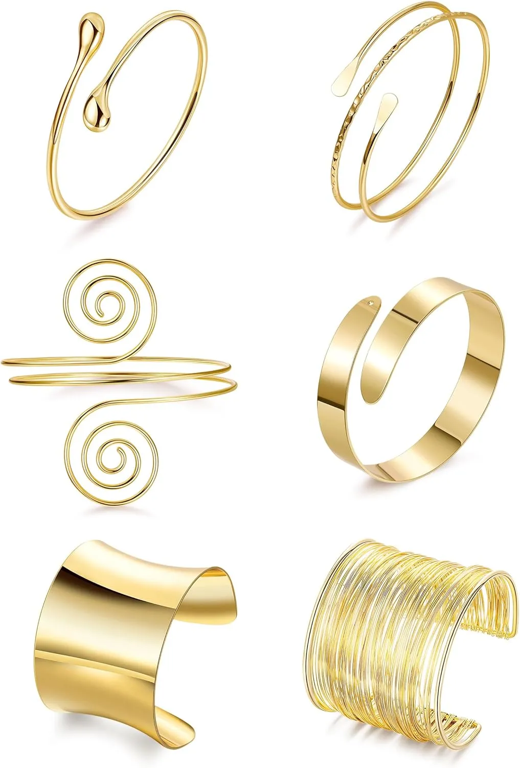 REVOLIA 6Pcs Arm Cuff Upper Arm Band Chunky Gold Cuff Bracelets for Women Adjustable Upper Arm Bracelet Minimalist Coil Bangle Open Wide Warp Bracelets Set