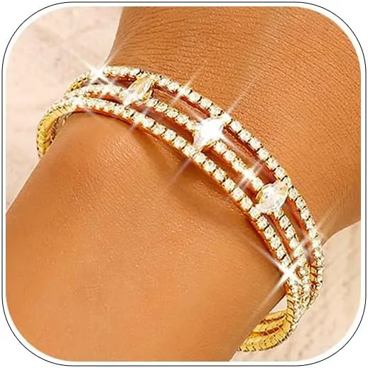 Rhinestone Bangle Bracelets Crystal Layered Cuff Bracelet Sparkle Tennis Stretch Bangles for Women