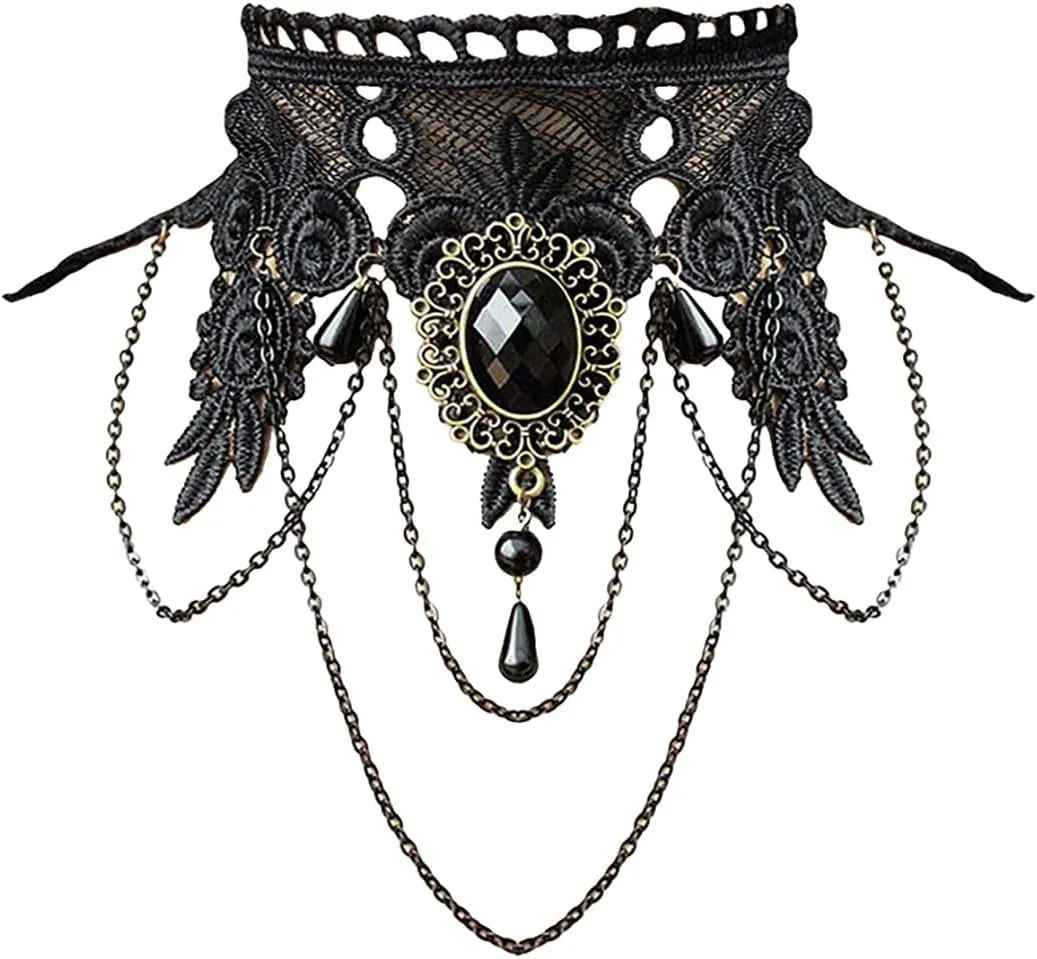 Rhinestone Gothic Lace Choker - Vintage Lolita Goth Statement Necklace