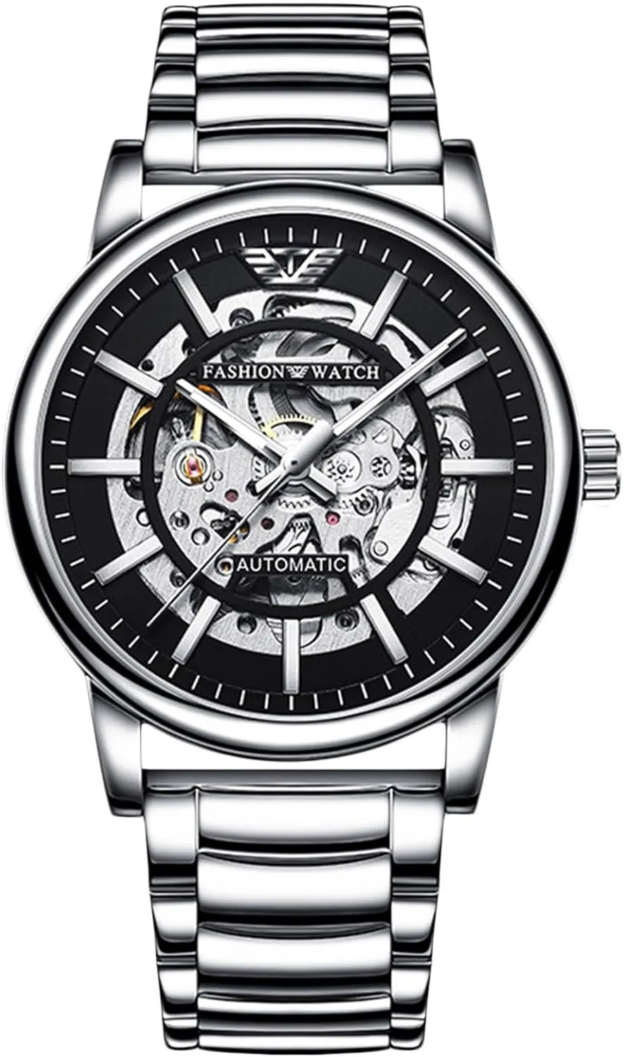 RORIOS Fashion Automatic Watch Men's Mechanical Wristwatch Minimalist Self-Winding Wrist Watch Luminous Skeleton Watch with Stainless Steel Strap for Men Silver A