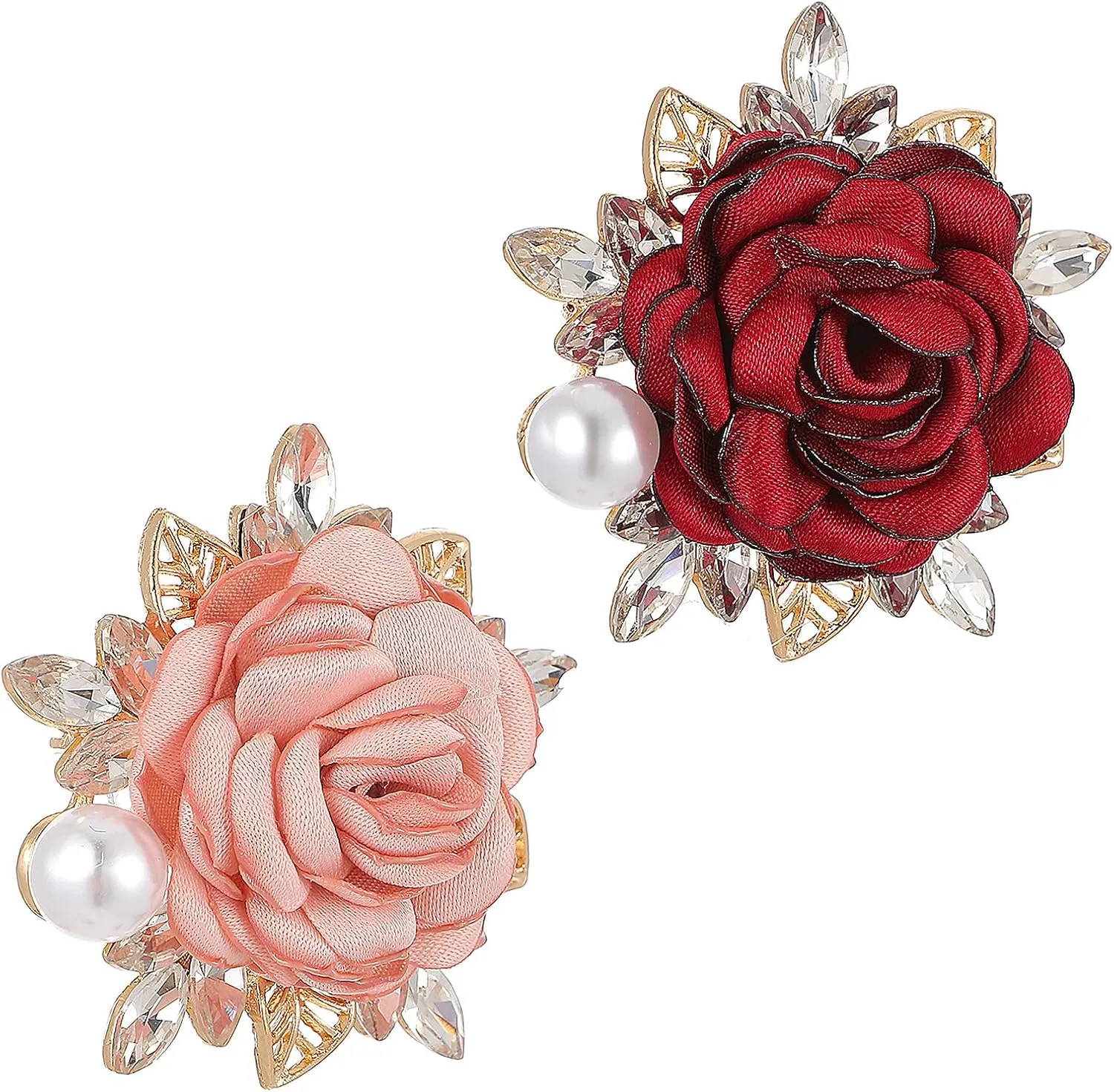 Rose Brooch Pin 2 Pcs Elegant Flower Pins for Women Girls Lady Crystal Pearl Fabric Flower Lapel Pins Large Dainty Cloth Rose Brooches for Wedding Dance Party Fashion Jewelry Boutonniere Essentials