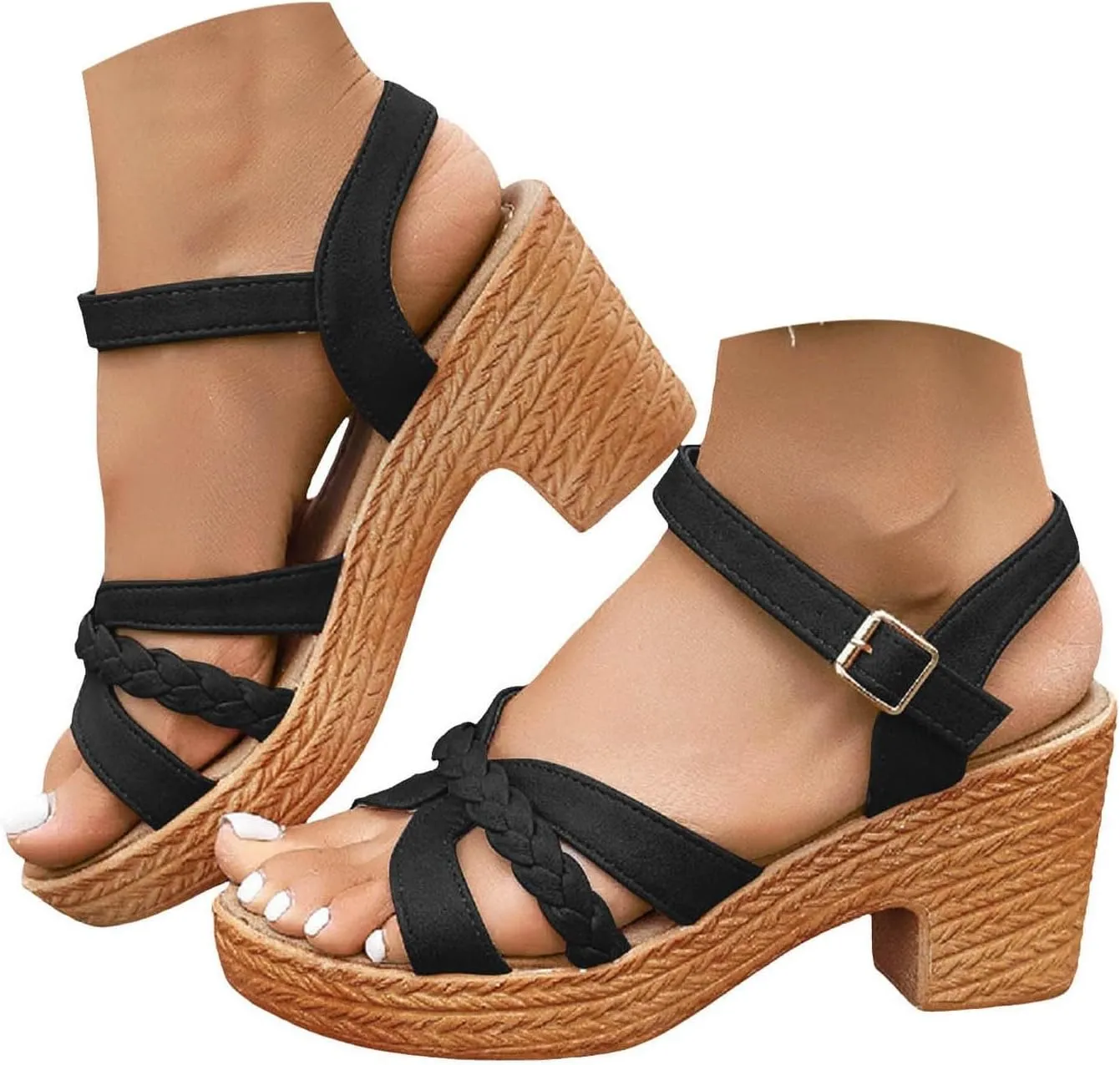 Sandals For Women 2025 Dressy Round Toe Block Heels Woven Strap Low Chunky Heeled Ankel Buckle Dress Pumps Shoes