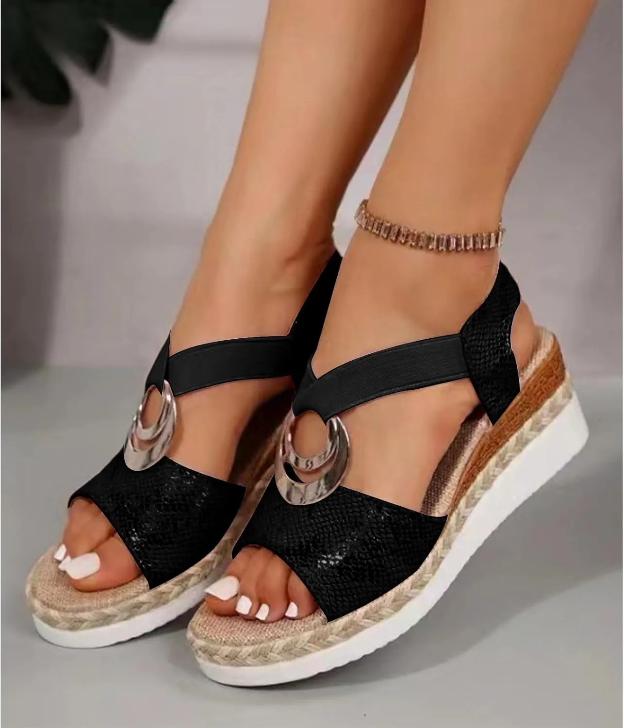 Sandals for Women 2025 Dressy Wedge Open Toe Ankle Strap Sandals Platform Low Wedge Sandal Comfortable Breathable Shoes Classic Lightweight for Summer Faux Leather Casual Shoes