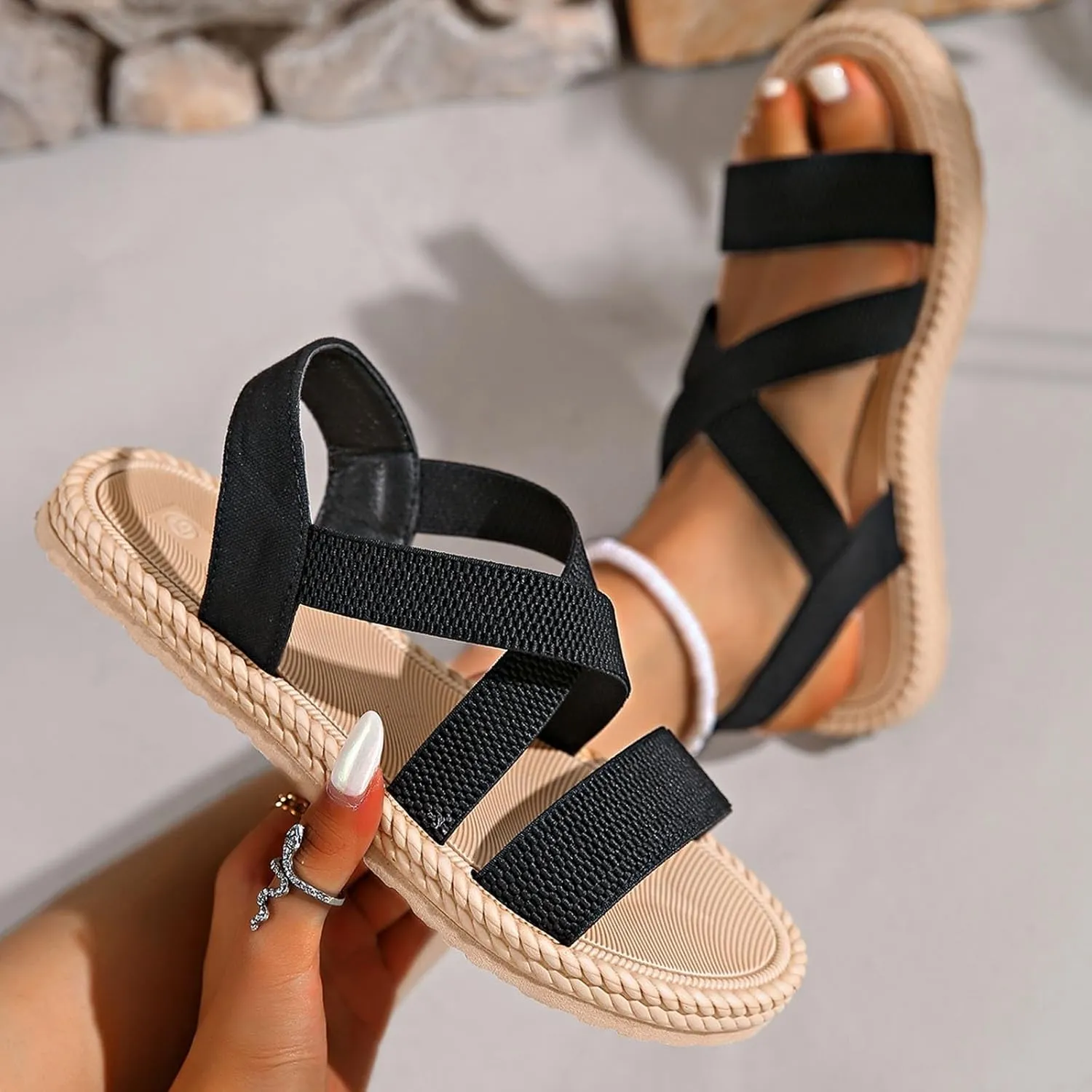 Sandals Women Summer Beach Flat Sandals Open Toe Elastic Ankle Strap Sandals Slip on Comfy Bohemia Shoes