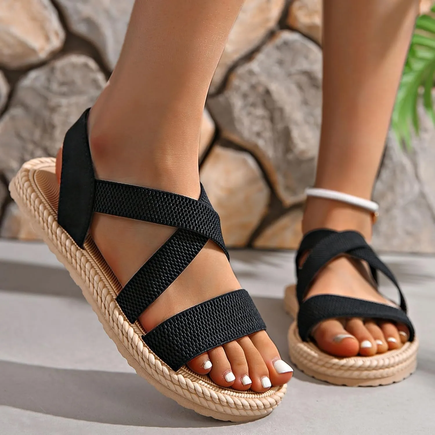 Sandals Women Summer Beach Flat Sandals Open Toe Elastic Ankle Strap Sandals Slip on Comfy Bohemia Shoes
