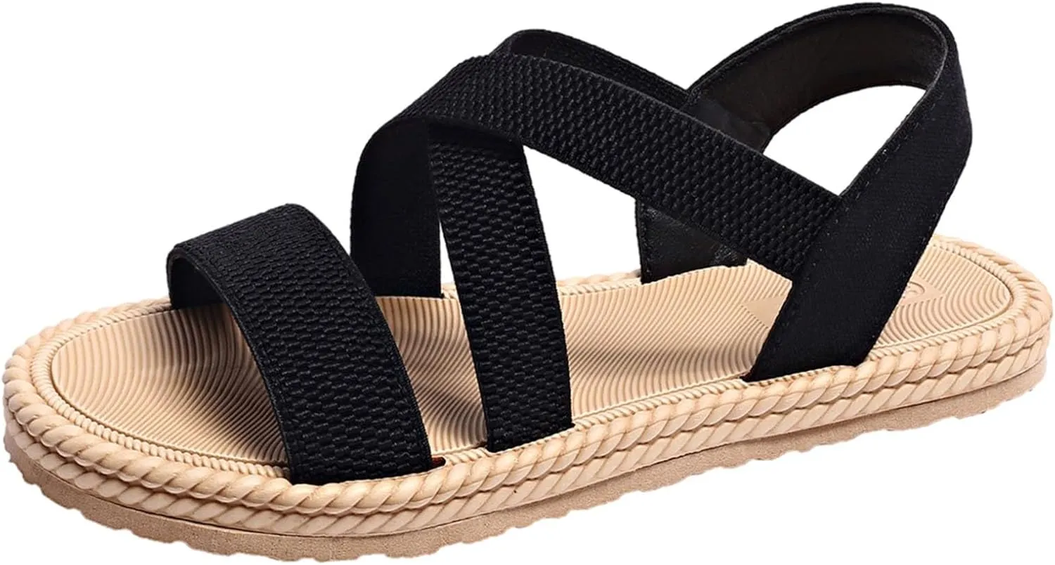Sandals Women Summer Beach Flat Sandals Open Toe Elastic Ankle Strap Sandals Slip on Comfy Bohemia Shoes