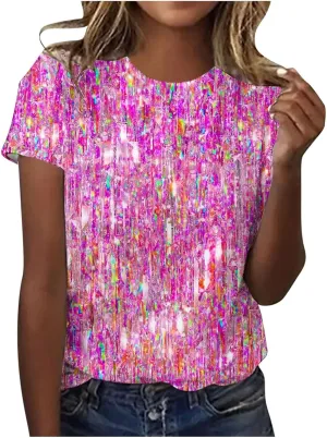 SHAOBGE Cute Summer Tops 2024 Trendy Women's Short Sleeve Sequin Print Fashionable Round Neck Casual T Shirt