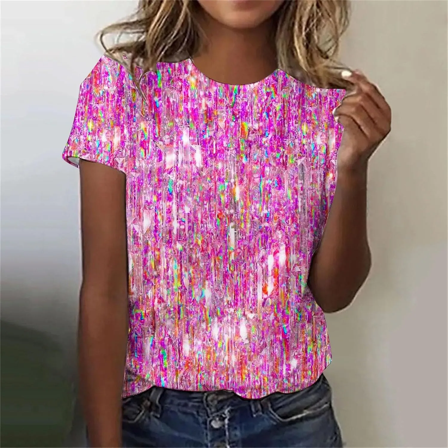 SHAOBGE Cute Summer Tops 2024 Trendy Women's Short Sleeve Sequin Print Fashionable Round Neck Casual T Shirt
