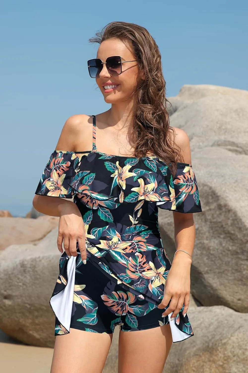 SHEKINI Women's Off-Shoulder Ruffled Flounce Swim Skirt Ruched One Piece Swimdress