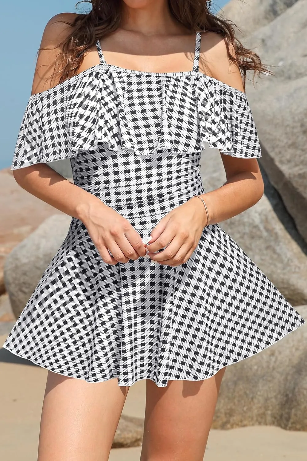 SHEKINI Women's Off-Shoulder Ruffled Flounce Swim Skirt Ruched One Piece Swimdress